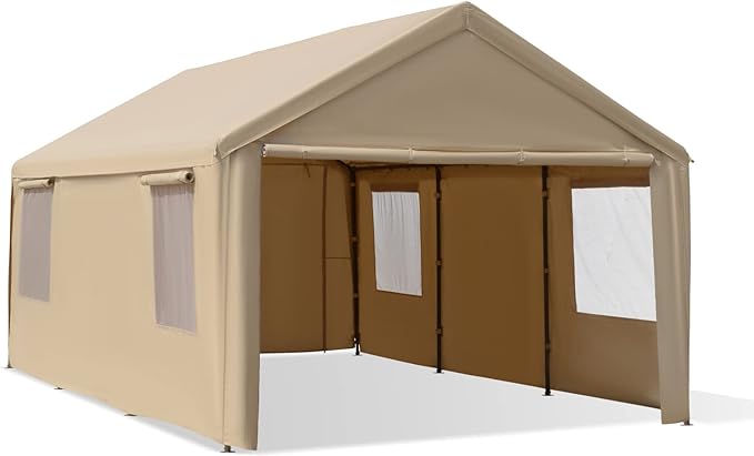 Gardesol Carport, 12'x20' Extra Large Heavy Duty Carport with Roll-up Ventilated Windows, Portable Garage with Removable Sidewalls & Doors for Car, Truck, SUV, Car Canopy with All-Season Tarp, Beige