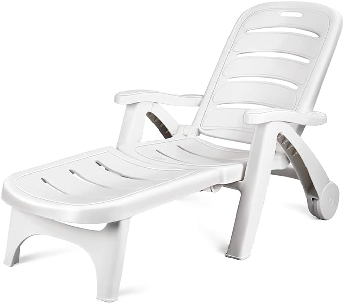 Giantex Folding Lounger Chaise Chair on Wheels Outdoor Patio Deck Chair Adjustable Rolling Lounger 5 Position Recliner w/Armrests (1, White)