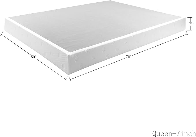 7 Inch Metal Box Spring Bed Base/Heavy Duty Steel with Fabric Cover/Mattress Foundation/Wooden Frame Easy Assembly, Queen, White