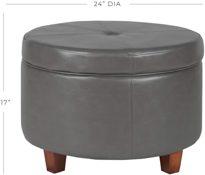 HomePop Round Leatherette Storage Ottoman with Lid, Charcoal Grey Large