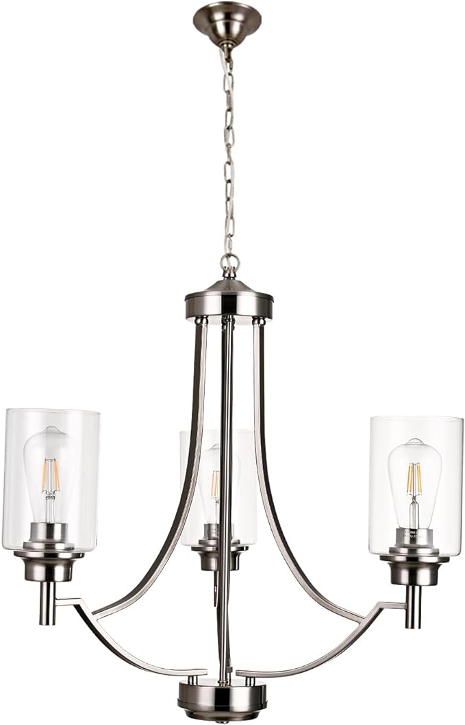 3 Light Contemporary Chandelier Brushed Nickel Modern Lighting Fixtures Hanging Clear Glass Shades Pendant Light Classic Ceiling Lamp for Kitchen Dinging Room Living Room Bedroom Hallway