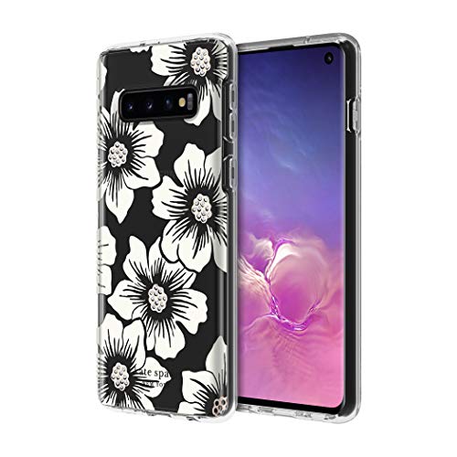 Kate Spade New York Phone Case | for Samsung Galaxy S10 | Protective Clear Crystal Hardshell Phone Cases with Slim Design and Drop Protection - Hollyhock Floral Clear/Cream with Stones