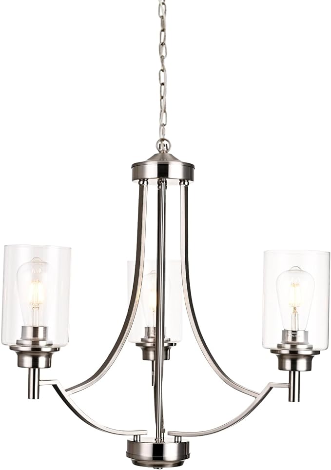 3 Light Contemporary Chandelier Brushed Nickel Modern Lighting Fixtures Hanging Clear Glass Shades Pendant Light Classic Ceiling Lamp for Kitchen Dinging Room Living Room Bedroom Hallway