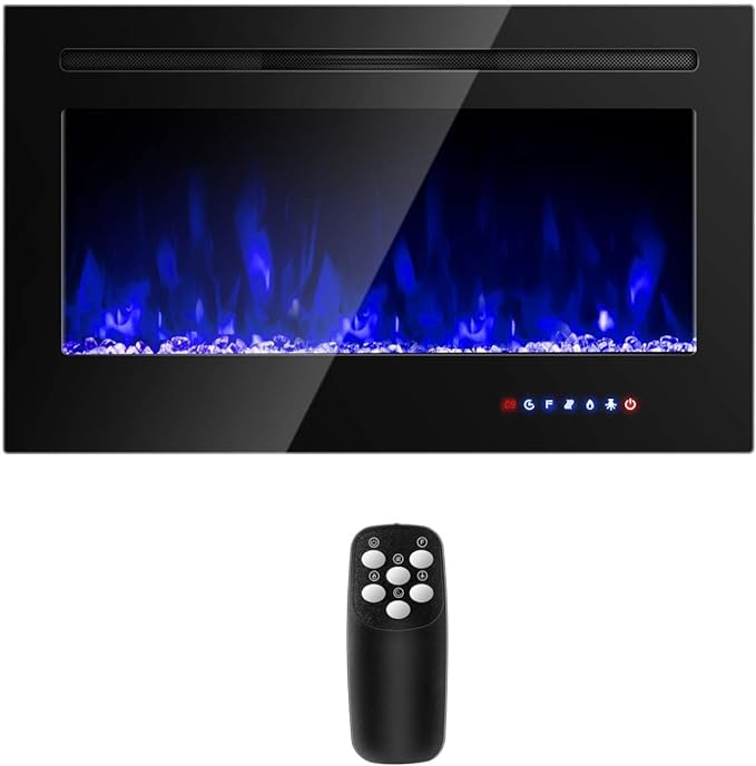 COSTWAY 36-Inch Electric Fireplace, 750W/1500W Wall Recessed and Mounted Fireplace Insert with Remote Control, 9 Flame Colors, 5 Brightness Settings, 8 H Timer, Fireplace Heater for Indoor Use