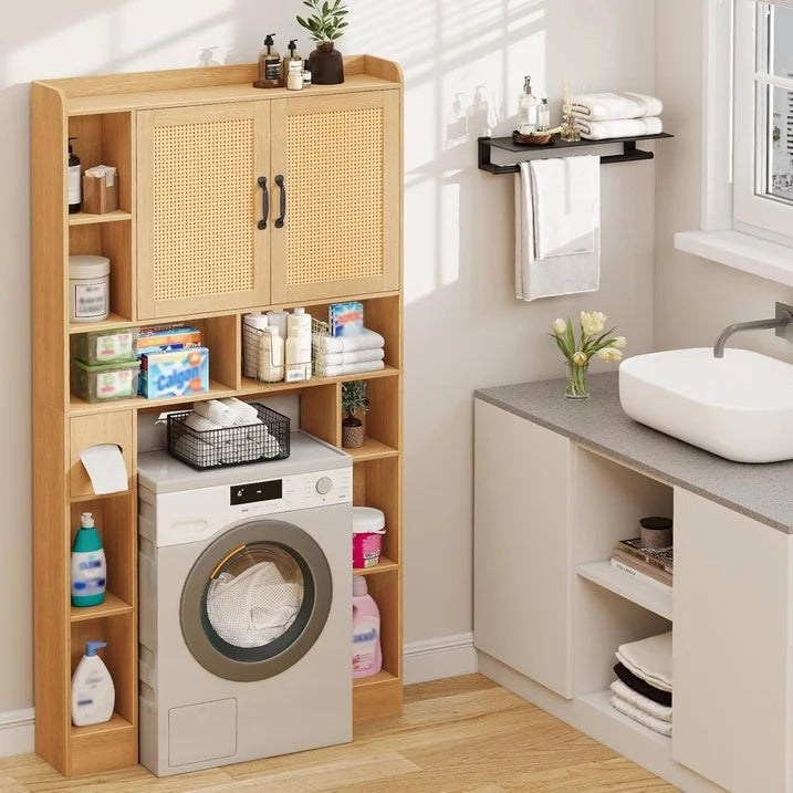Vabches Rattan Over-The-Toilet Storage Cabinet with Toilet Paper Holder Above Toilet Organizer with Rattan Doors, Toilet Shelf for Restroom, Bathroom, Laundry