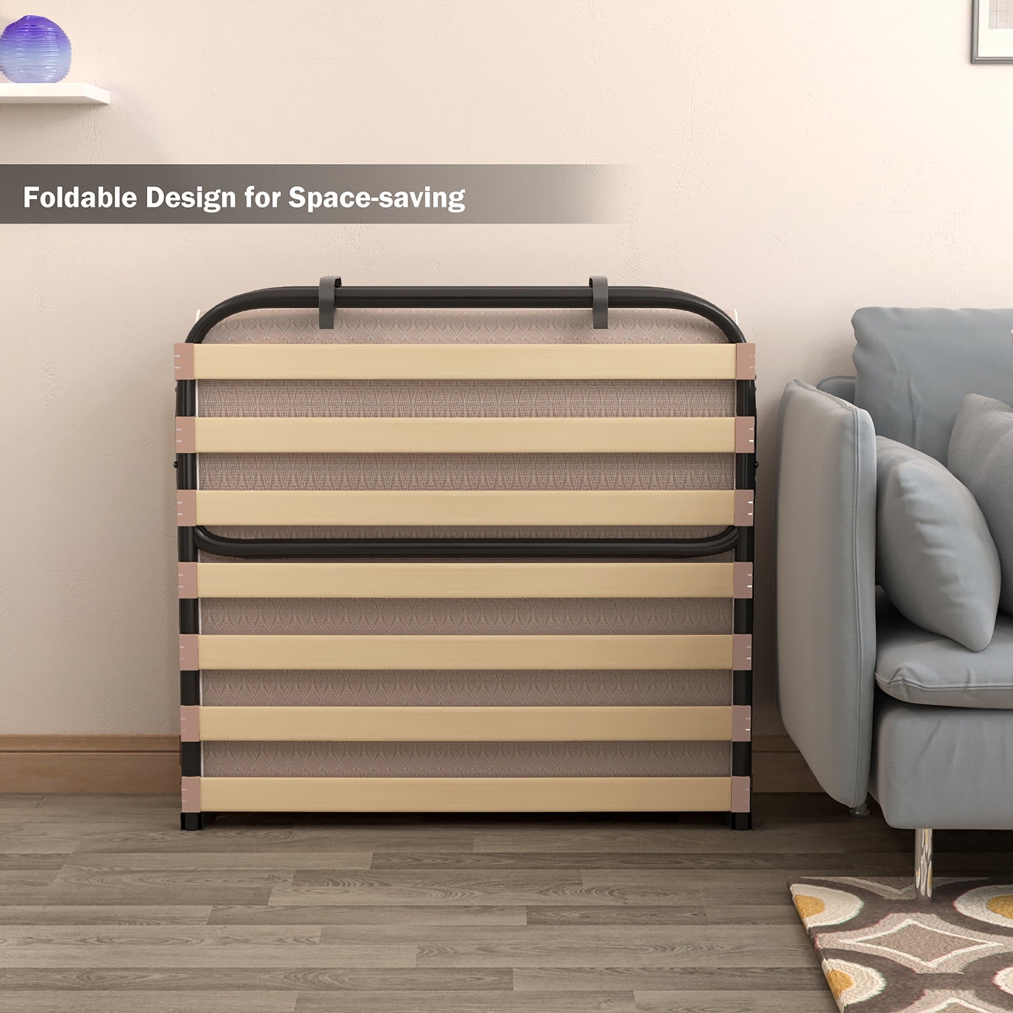 Costway Folding Bed w/Memory Foam Mattress Metal Guest Sleeper Wood Slats Made in Italy