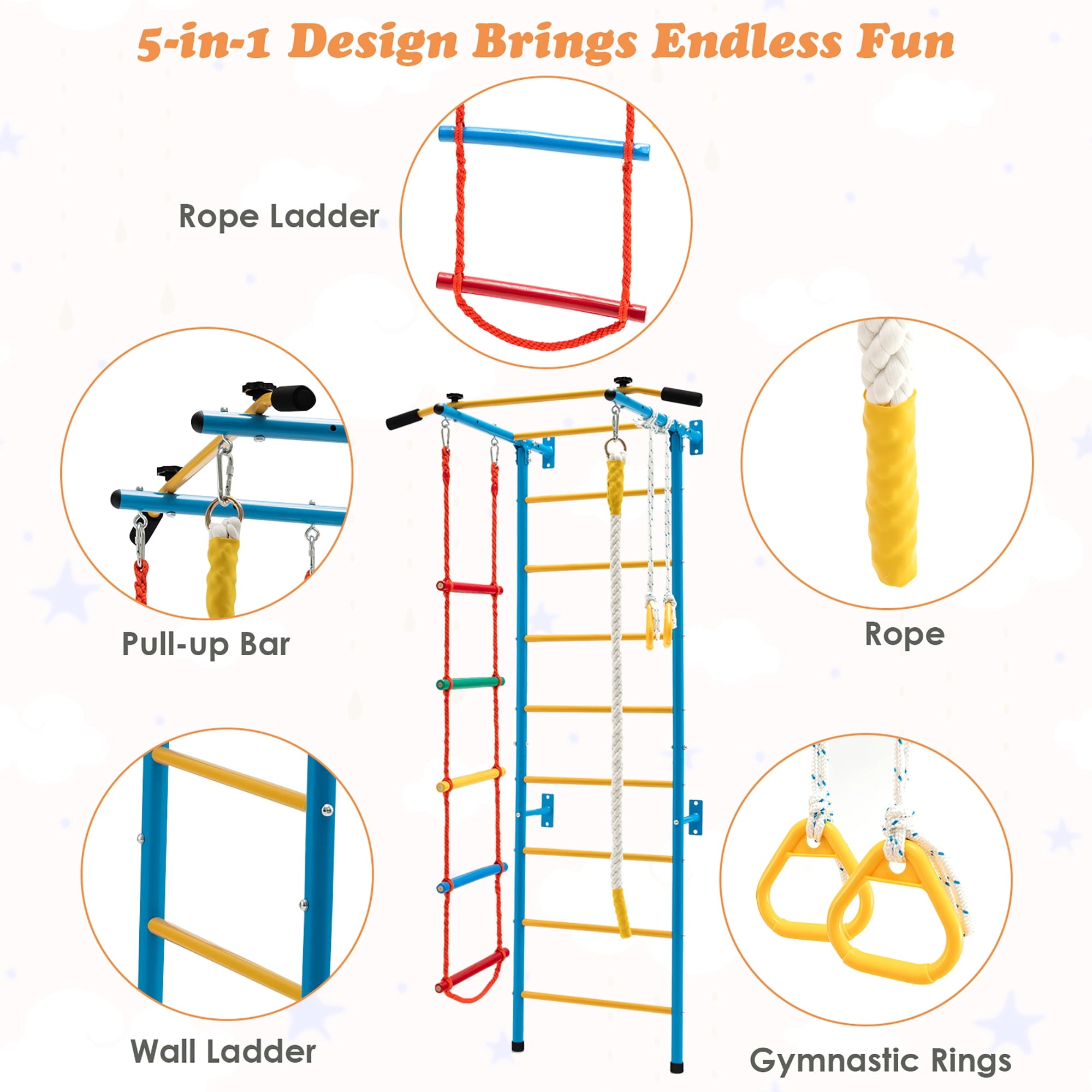 5 in 1 Kids Indoor Gym Playground Swedish Wall Ladder Children Home Climbing Gym Blue