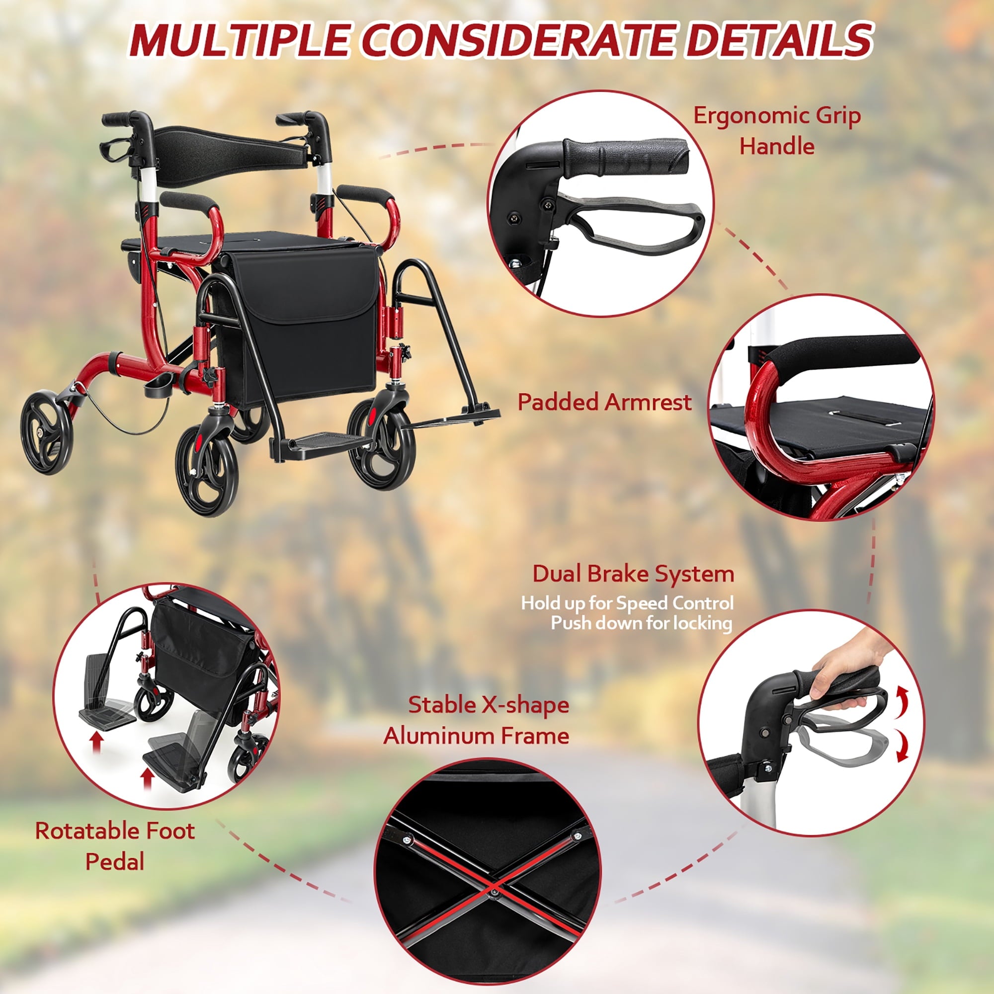 Rollator Walker with Seat Folding Walker with 8-inch Wheels Supports up to 350lbs Red