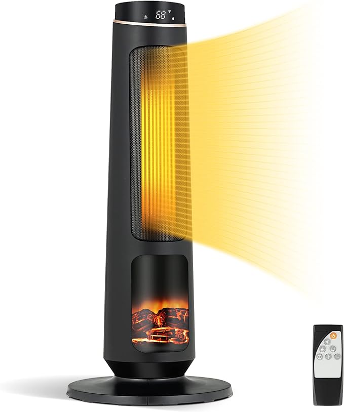1500W Oscillating Space Heater, Fast Heating Ceramic PTC Tower Heater with Thermostat, Remote, 3 Modes, 12H Timer, Portable Heater with Realistic 3D Flame for Home, Office