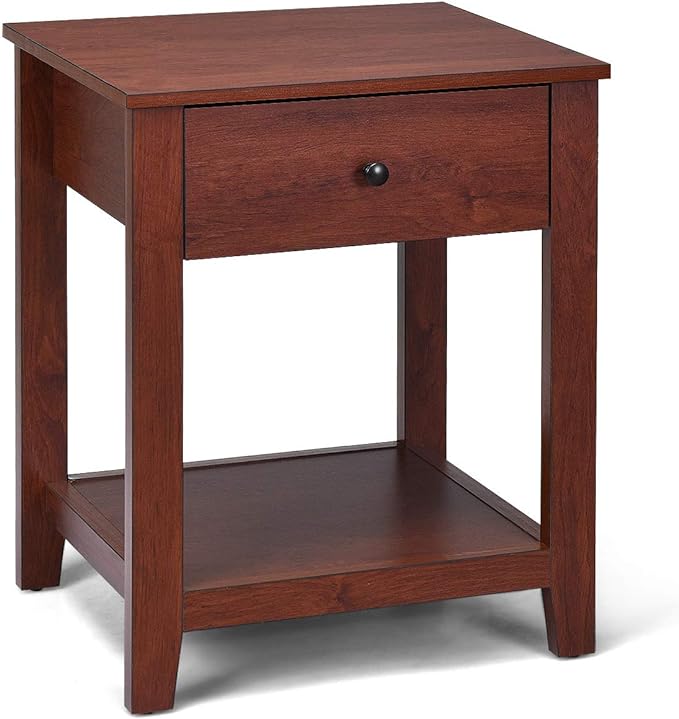 Giantex Nightstand, Wooden 2-Tier End Table with Drawer and Storage Shelf, Versatile Bedside Tables, Modern Side Table for Bedroom, Living Room, Small Spaces, Easy Assembly, Walnut