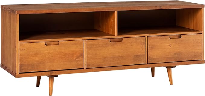 Walker Edison 3-Drawer Mid Century Modern Wood TV Stand for TV's up to 65" Flat Screen Cabinet Door Living Room Storage Entertainment Center, 58 Inch, Caramel