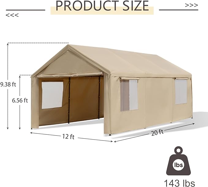 Gardesol Carport, 12'x20' Extra Large Heavy Duty Carport with Roll-up Ventilated Windows, Portable Garage with Removable Sidewalls & Doors for Car, Truck, SUV, Car Canopy with All-Season Tarp, Beige