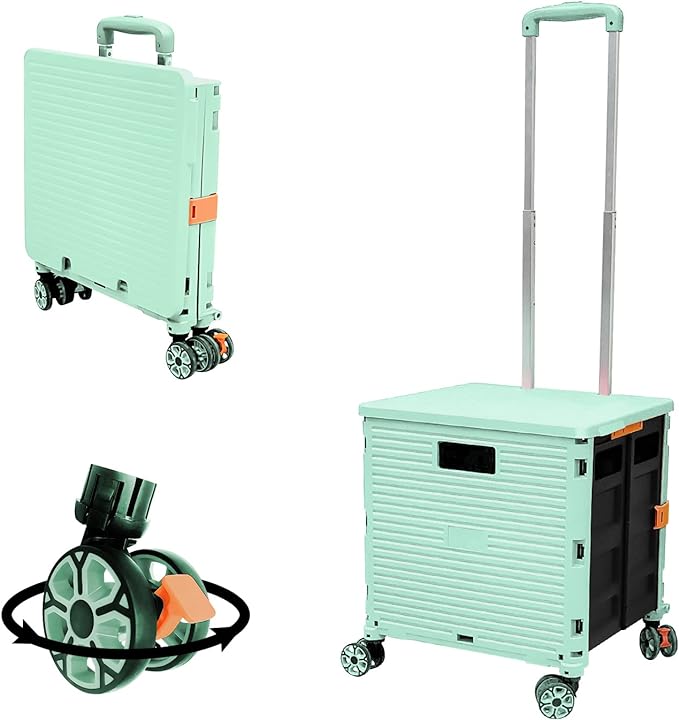 Foldable Utility Cart Folding Portable Rolling Crate Handcart with Durable Heavy Duty Plastic Telescoping Handle Collapsible 4 Rotate Wheels for Travel Shop Move Luggage Office(Green