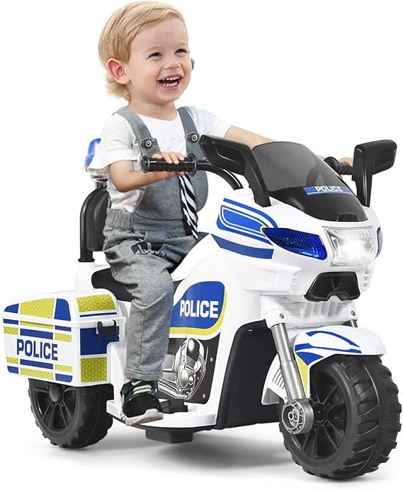 OLAKIDS Kids Ride on Police Motorcycle, 6V Electric Motor with Horn, Foot Pedal, Headlight and Hazard Signal Light, Forward/Reverse, 3 Wheels Battery Powered Tricycle Toy for Toddler Boys Girls