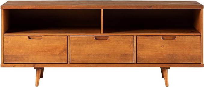 Walker Edison 3-Drawer Mid Century Modern Wood TV Stand for TV's up to 65" Flat Screen Cabinet Door Living Room Storage Entertainment Center, 58 Inch, Caramel