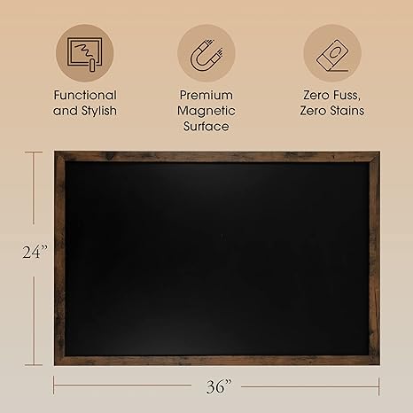 Magnetic Chalk Board - 24"x36" - for Kitchen and Wall Decor - Easy-to-Erase Magnetic Chalkboard - Framed Magnet Blackboard - Hanging Black Chalkboards (Rustic Frame)