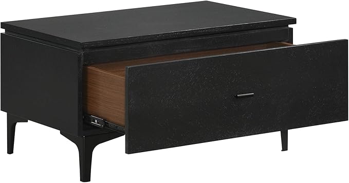 Armen Living Legend Black Glaze Ash Veneer 1 Drawer Nightstand with Metal Legs