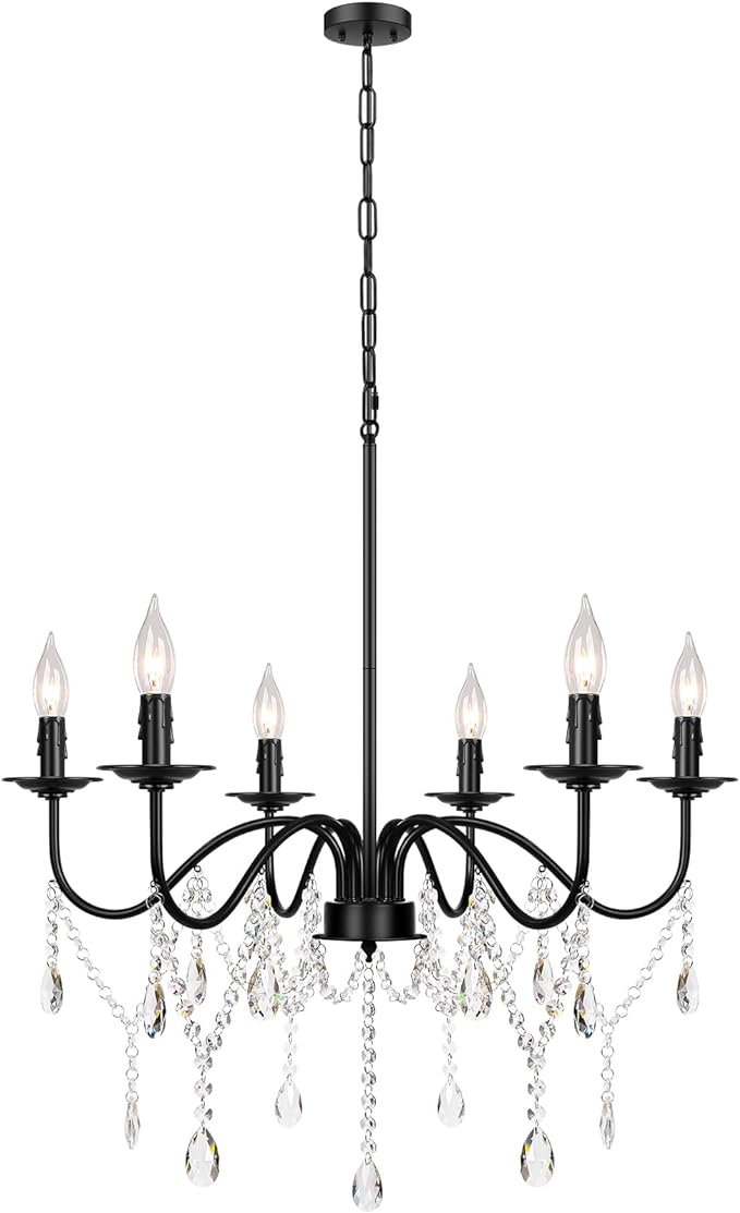 26" Black Chandelier, 6-Light Farmhouse Crystal Chandelier for Bedroom, Unique Patents Dining Room Light Fixture Over Table, Industrial Candle Hanging Pendant Light for Kitchen, Living Room, Entryway