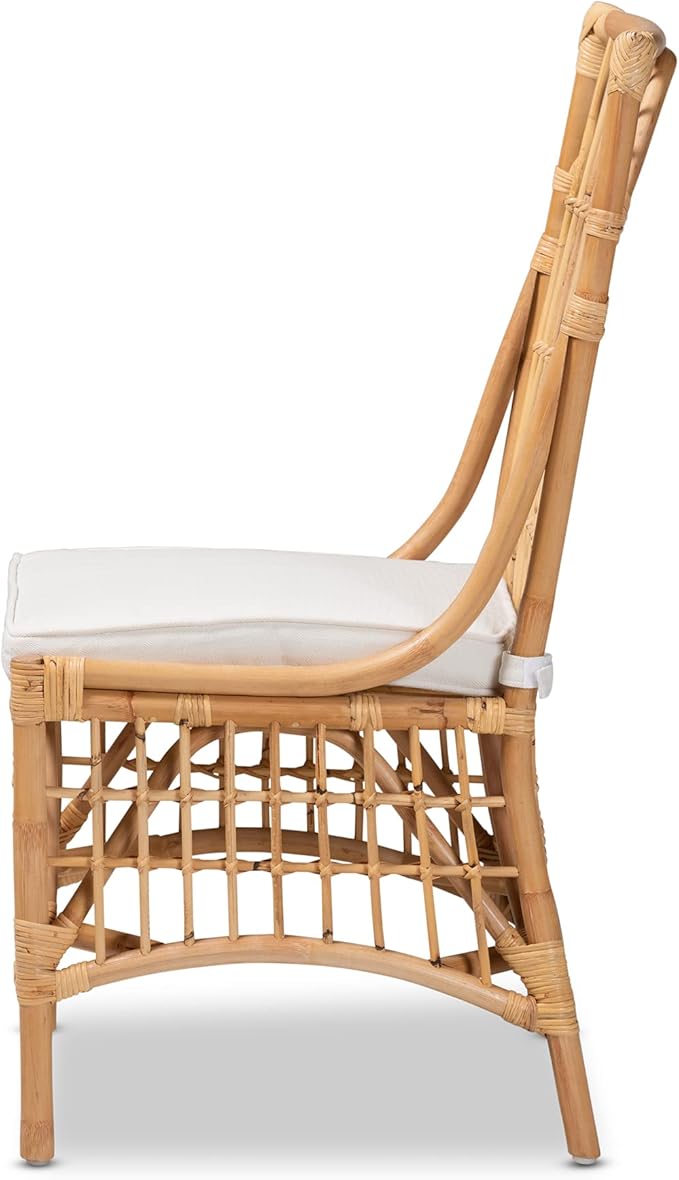 Baxton Studio Rose Dining Chair Dining Chair White Fabric Upholstered and Natural Brown Rattan Dining Chair