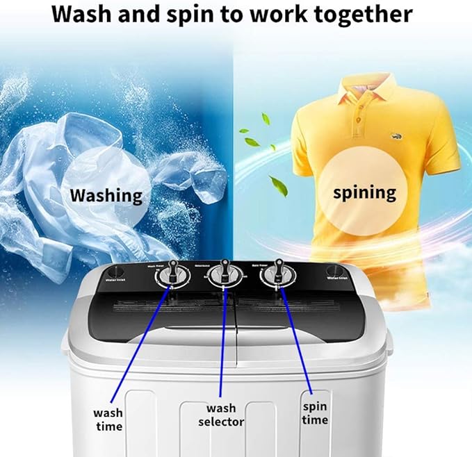 Clothes Washing Machines,SAFEPLUS Compact Mini Twin Tub Versatile Washer Machine with 8 lbs Washing &5 lbs Spin Dryer Load Cappacity Gravity Drain Pump and Drain Hose for Apartment Black