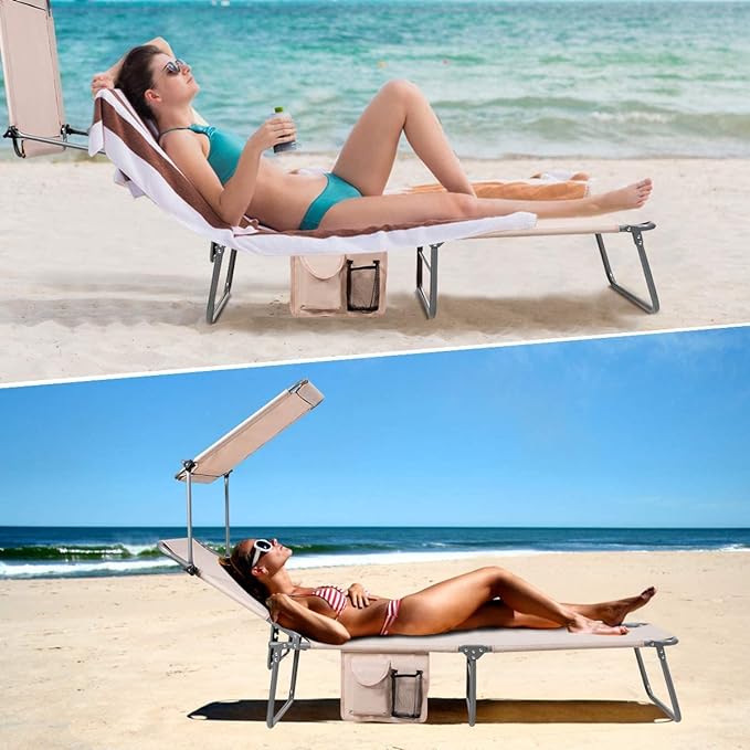 LUARANE Folding Chaise Lounge, Adjustable Beach Chair with Canopy Sunshade and Side Pocket, Suitable for Poolside Beach Garden Patio