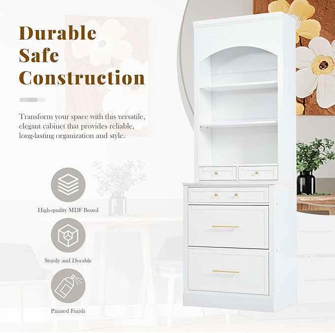 83.7inch Tall Farmhouse Kitchen Pantry Cabinet, Freestanding Kitchen Cabinet Hutch Cabinet with Faux Marble Top Display Cupboard Cabinet with 5 Storage Drawers and Adjustable Shelf, for Living Room