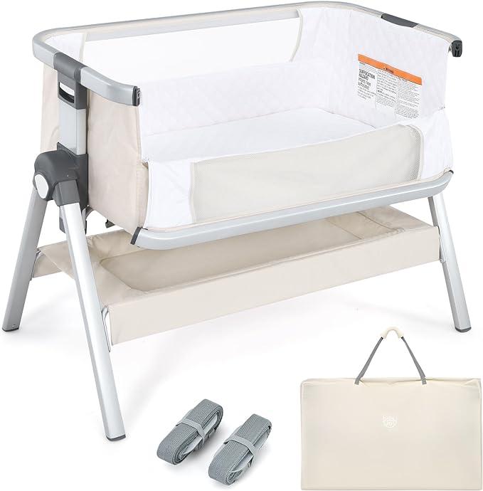 BABY JOY Bassinet, Portable Bedside Crib w/Mattress, Storage Basket, Built-in Pulleys, Adjustable Height & Travel Bag, Bassinet Bedside Sleeper for Newborn Infants (Beige)