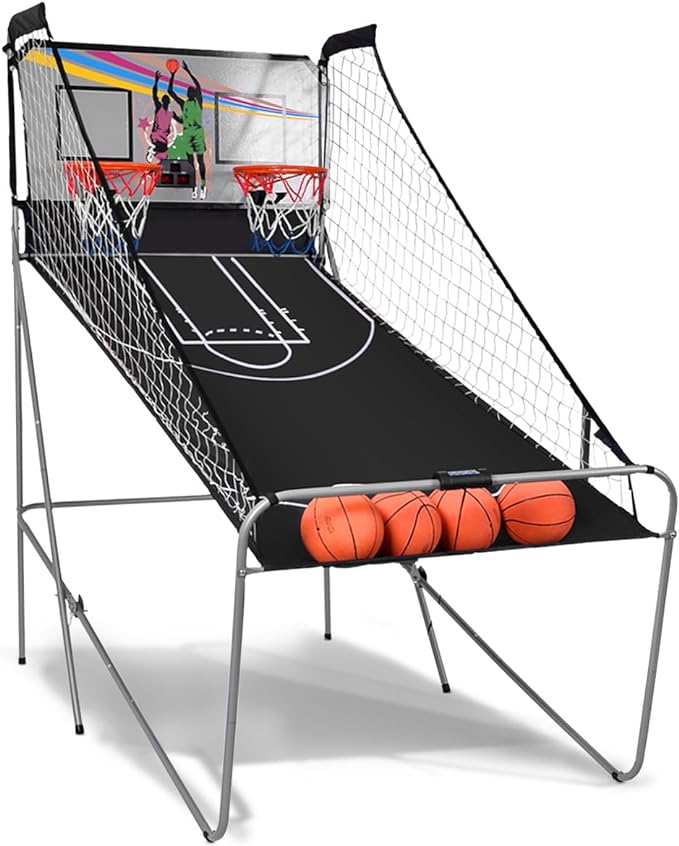 Foldable Basketball Arcade Game, 8 Game Options, Electronic Double Shot 2 Player w/ 4 Balls and LED Scoring System, Indoor Basketball Game for Kids, Adults, Black & Silver