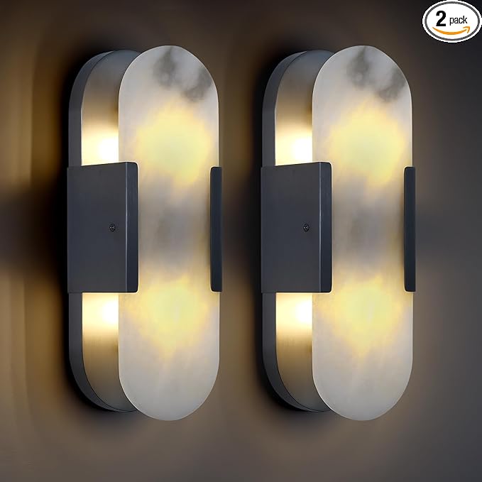 13.8in Black Alabaster Wall Sconces, Natural Marble Wall Socnces Set of Two Indoor Alabaster Sconces for Living Room Modern Alabaster Sconces Wall Lighting for Dining Room Stairs Bedroom