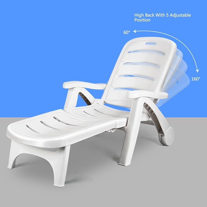 Giantex Folding Lounger Chaise Chair on Wheels Outdoor Patio Deck Chair Adjustable Rolling Lounger 5 Position Recliner w/Armrests (1, White)