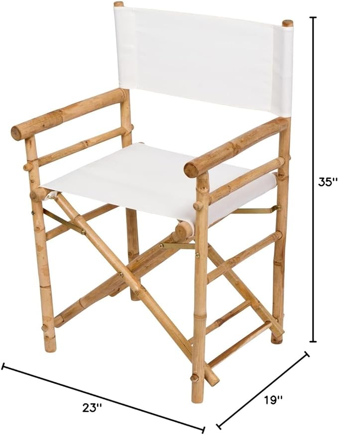 Zew Indoor Outdoor Set of 2 Folding Bamboo Director Chair, 23" L x 18" W x 35" H, Ivory