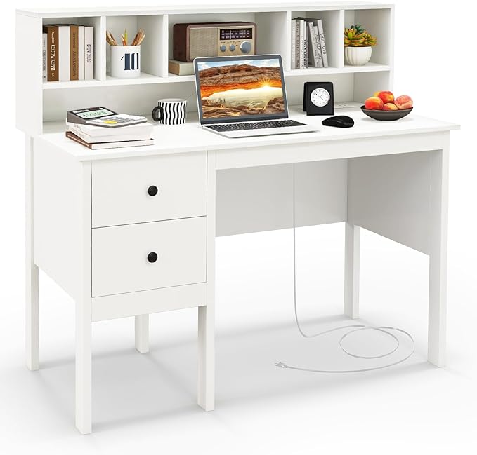 GLOBALWAY48” Computer Desk, Study Writing Desk with 5-Cube Hutch, 2 Drawers & Charging Station, Home Office Workstation for Living Room, Study & Bedroom, White