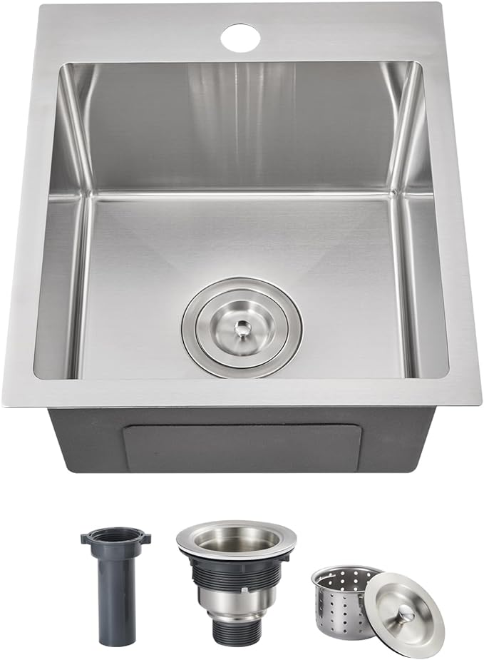 15"x17" Drop in Bar Prep Sink Stainless Steel, 1-Hole Single Bowl Kitchen Sink with Basket Strainer, Small Secondary Entertainment Wet-Bar Sink, Brushed