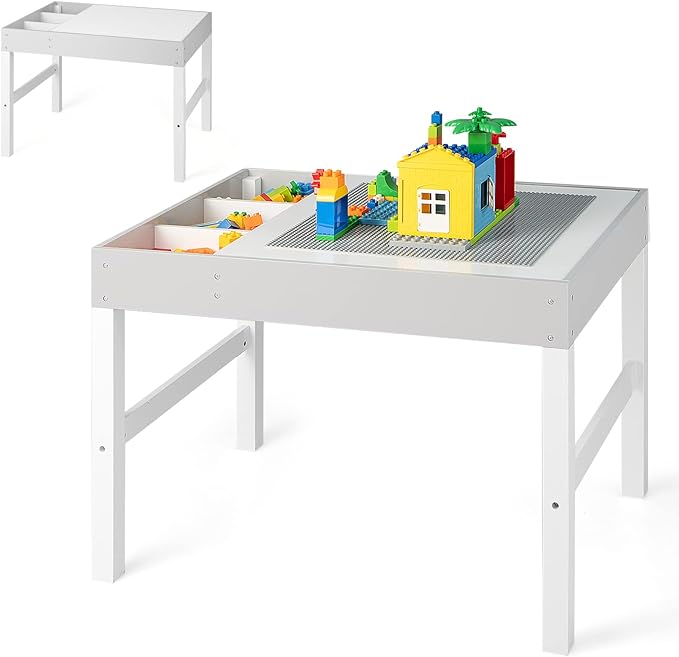 HONEY JOY Kids Table, 3 in 1 Toddler Wooden Activity Table, Convertible Building Block Tabletop, 3 Storage Compartments, Children Furniture Set for Daycare, Playroom (White)