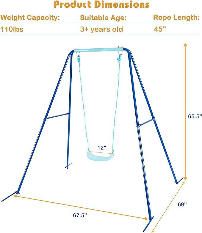 Swing Frame Stand with Swing Seat, A-Frame Swing Sets for Backyard All Weather w/Ground Stakes, Non-Slip Seat, Toddler Swing Set Great for Indoor Outdoor Garden Playground (Blue)