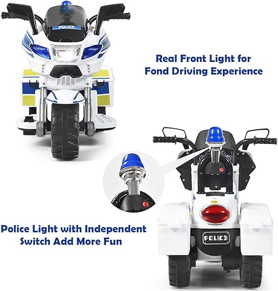 OLAKIDS Kids Ride on Police Motorcycle, 6V Electric Motor with Horn, Foot Pedal, Headlight and Hazard Signal Light, Forward/Reverse, 3 Wheels Battery Powered Tricycle Toy for Toddler Boys Girls