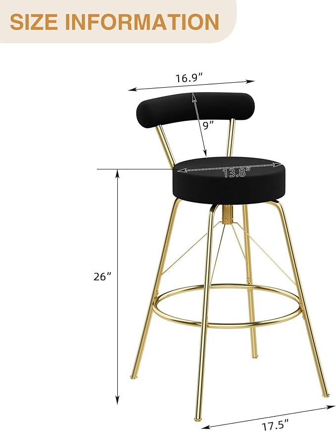 Awonde Swivel Gold Bar Stools Set of 2 Black Velvet Barstools 24 inch Kitchen Counter Height Bar Stools with Back and Metal Legs