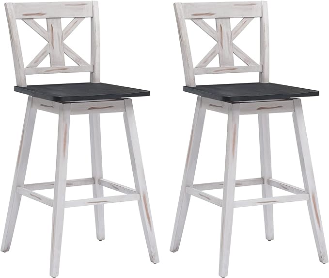 Bar Stools Set of 2, 360 Degree Swivel, 29-inch Height Chairs w/Non-Slip Foot Pads, Rubber Wood Bar Chairs, Vintage Bar Stools for Home, Restaurant (White)