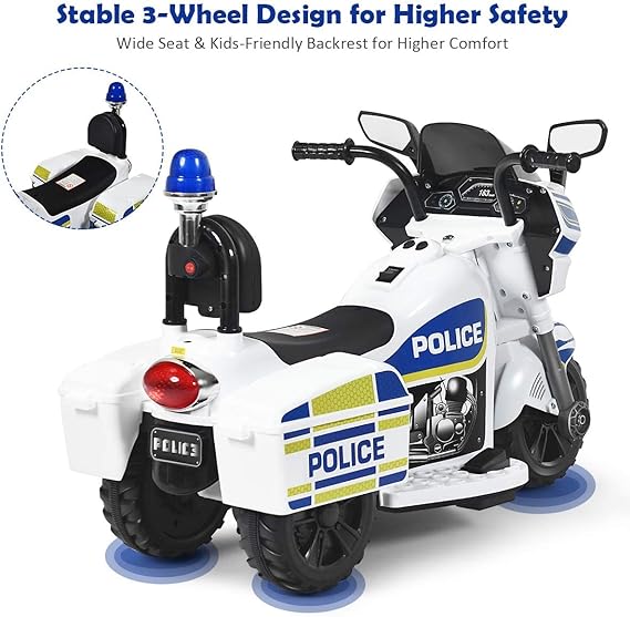 OLAKIDS Kids Ride on Police Motorcycle, 6V Electric Motor with Horn, Foot Pedal, Headlight and Hazard Signal Light, Forward/Reverse, 3 Wheels Battery Powered Tricycle Toy for Toddler Boys Girls