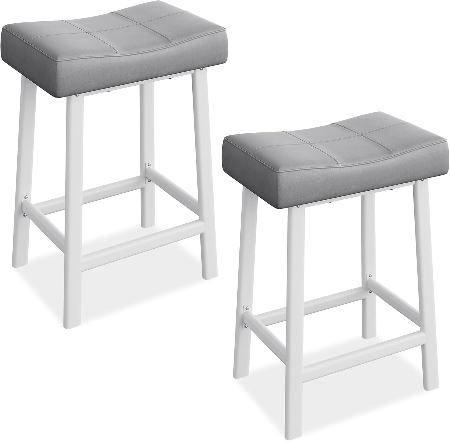 IDEALHOUSE 24 Inch Backless Saddle Barstools Set of 2, Counter Height Upholstered Padded Barstools with Curved Surface, Metal Leg and Footrest, for Kitchen Counter, Home Bar (Gray, 24 inch-Set of 2)