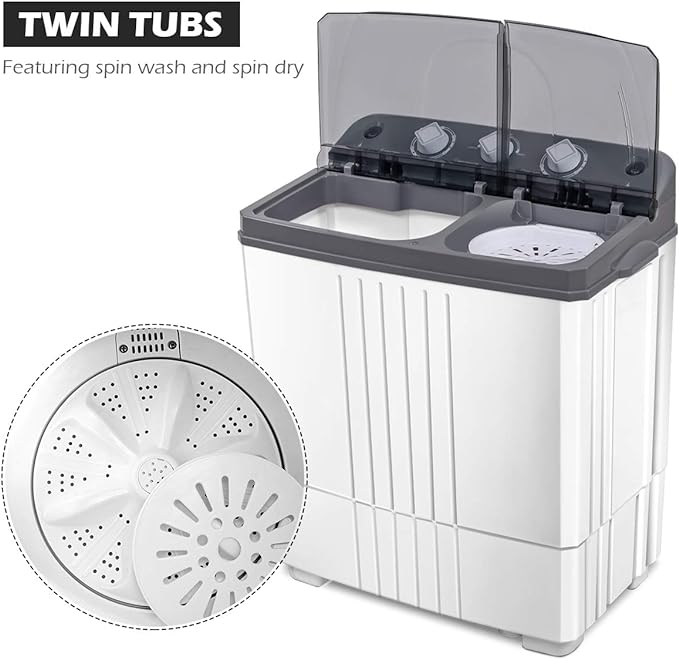 Portable Washing Machine, Twin Tub 20Lbs Capacity, Washer(12Lbs) and Spinner(8Lbs), Compact Laundry Machines Durable Design Energy Saving, Rotary Controller Drain Hose, Grey+White