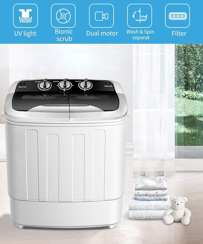 Clothes Washing Machines,SAFEPLUS Compact Mini Twin Tub Versatile Washer Machine with 8 lbs Washing &5 lbs Spin Dryer Load Cappacity Gravity Drain Pump and Drain Hose for Apartment Black