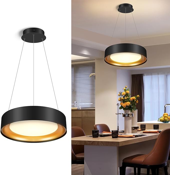 Black Drum Chandelier 40W 16 Inch Modern Chandelier 4000K Round LED Pendant Light Gold Dimmable Chandelier Small Chandelier for Dining Room, Kitchen Island, ETL Listed