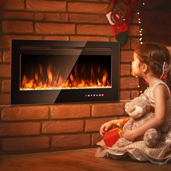 COSTWAY 36-Inch Electric Fireplace, 750W/1500W Wall Recessed and Mounted Fireplace Insert with Remote Control, 9 Flame Colors, 5 Brightness Settings, 8 H Timer, Fireplace Heater for Indoor Use