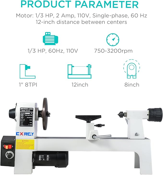 CXRCY 8" x 12" Wood Lathe, Mini Benchtop Wood Lathe Machine1/3 HP Infinitely Variable Speed 750-3200 RPM with Goggle for Woodworking, Woodturning