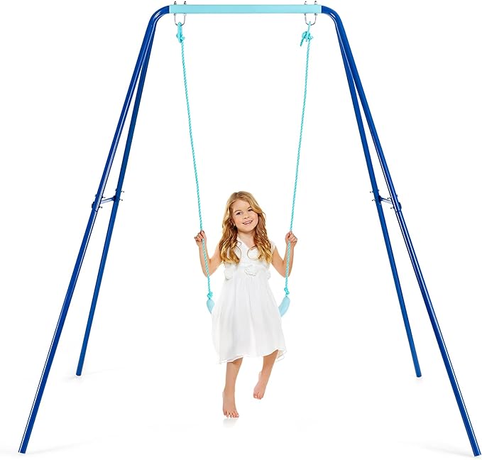 Swing Frame Stand with Swing Seat, A-Frame Swing Sets for Backyard All Weather w/Ground Stakes, Non-Slip Seat, Toddler Swing Set Great for Indoor Outdoor Garden Playground (Blue)