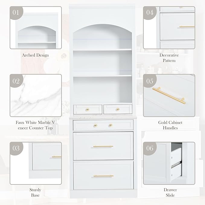 83.7inch Tall Farmhouse Kitchen Pantry Cabinet, Freestanding Kitchen Cabinet Hutch Cabinet with Faux Marble Top Display Cupboard Cabinet with 5 Storage Drawers and Adjustable Shelf, for Living Room