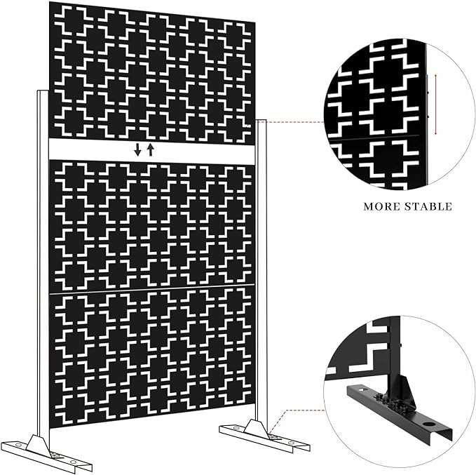 Outdoor Privacy Screen, Decorative Privacy Screen with Stand 72"x47" Metal Divider for Outdoor Garden Backyard Patio Free Standing, Black (Square)