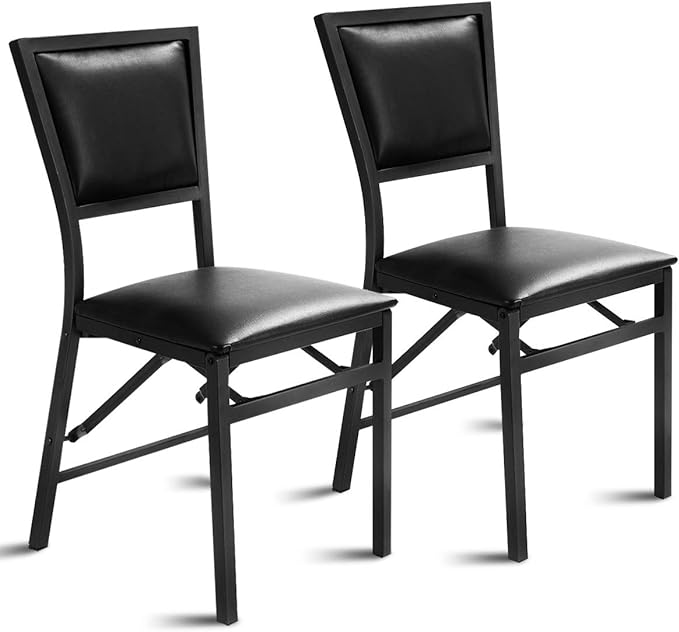 Folding Chairs Set of 2, Dining Chairs with Padded Seats, Sturdy Metal Frame, Floor Protectors, Space Saving Design, Foldable Dining Desk Chairs for Small Apartment, Extra Guests, Black