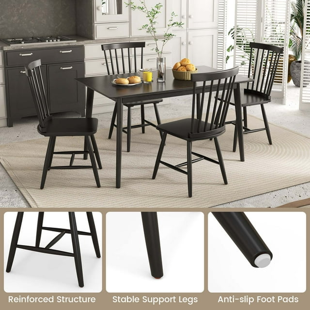 Costway Windsor Dining Chairs Set of 2 Armless Spindle Back Solid Rubber Wood Black